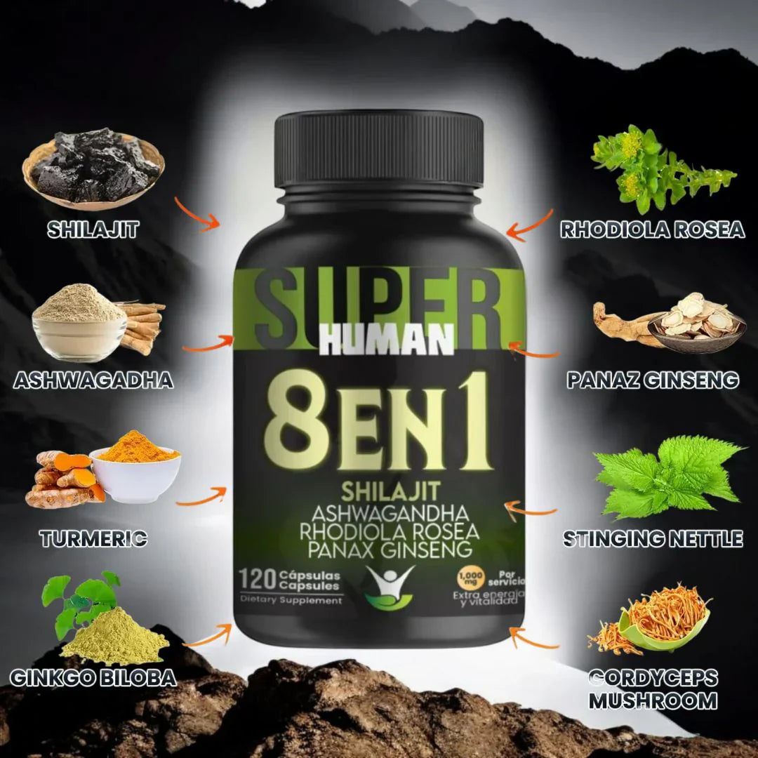 Cápsulas 8 en 1 - Shilajit Ashwagandha Rhodiola Rosea Panax y Ginseng + Envio Gratis